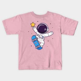 Cute Astronaut Playing Skateboard With Star Cartoon Kids T-Shirt